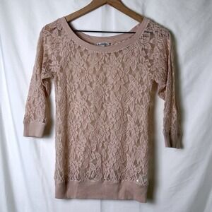 Express Womans Floral Lace Sheer Top Beige Size XS Cottagecore Fairy Coquette